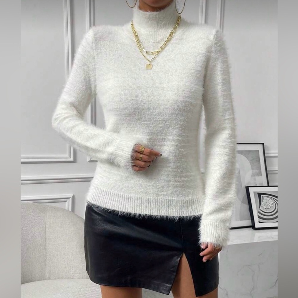 White High Neck Fuzzy Sweater